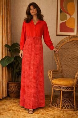 Vtg Butterfield 8 Coral Polka Dot Maxi Dress Duster Hostess Gown Robe Medium